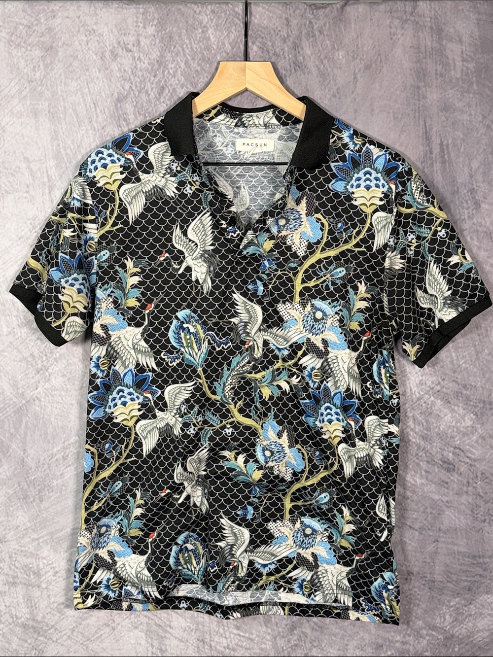 PacSun Black Polo with Blue & White Crane Floral Print